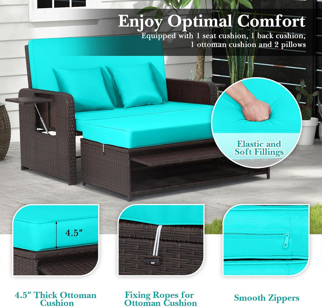 COSTWAY Patio Rattan Daybed with Cushions, Outdoor Wicker Loveseat Sofa with Storage Ottoman, 4-Level Adjustable Backrest, Bed Lounger for Yard, Balcony, Porch, Garden, Pool (Turquoise)