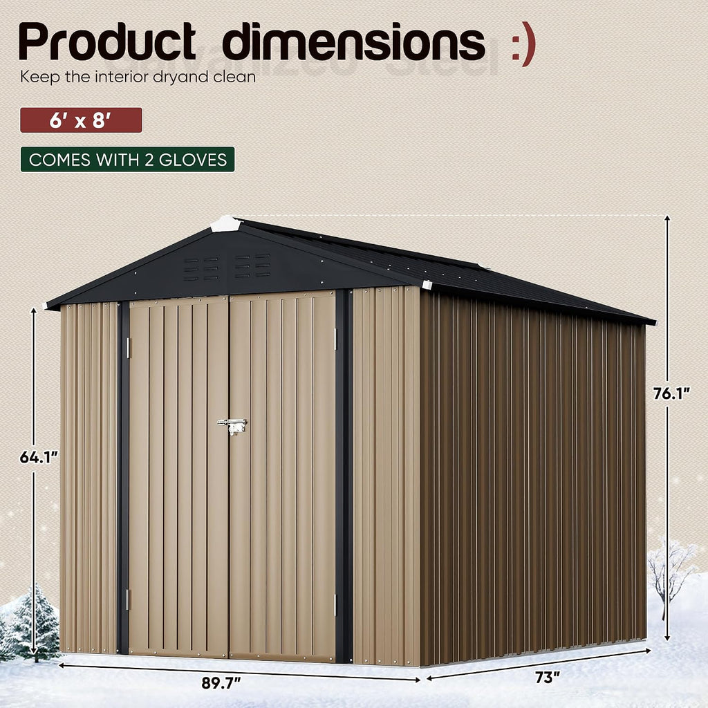 GUNJI 6.1 x 4.1 FT Shed Outdoor Storage Shed Metal Garden Shed with Lockable Door Outside Waterproof Tool Shed for Backyard, Patio, Lawn (Brown)