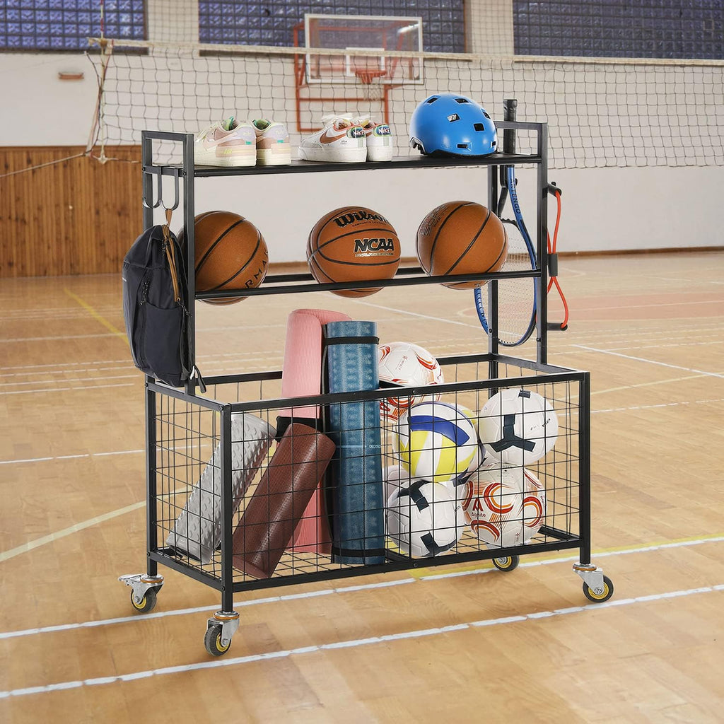 MyGift Sports Equipment Organizer, Garage Ball Storage for Indoor and Outdoor, Garage Organizer for Sports Gear and Toys, Rolling Ball Cart with Baskets, 16' D x 41' W x 49' H