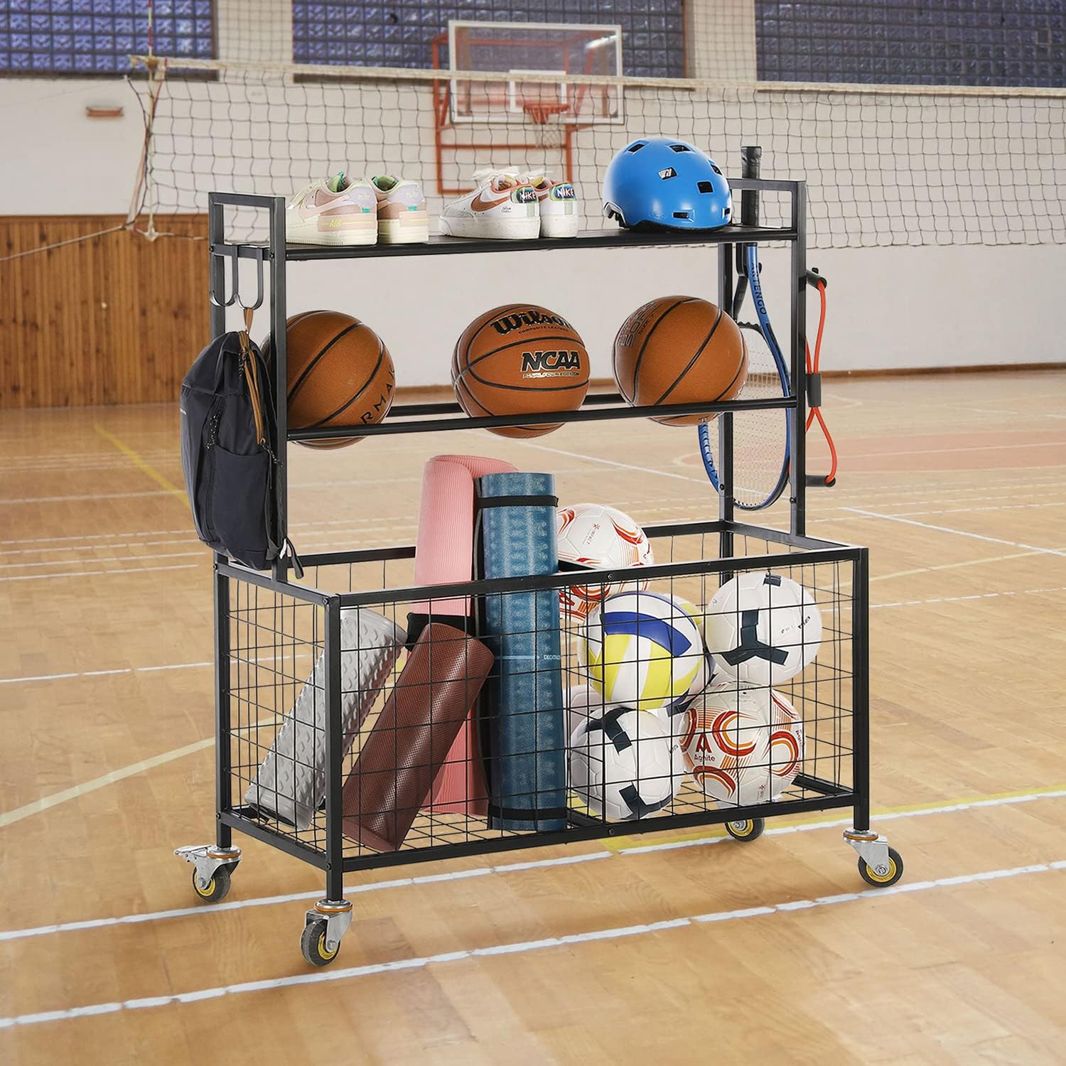 MyGift Sports Equipment Organizer, Garage Ball Storage for Indoor and Outdoor, Garage Organizer for Sports Gear and Toys, Rolling Ball Cart with Baskets, 16' D x 41' W x 49' H