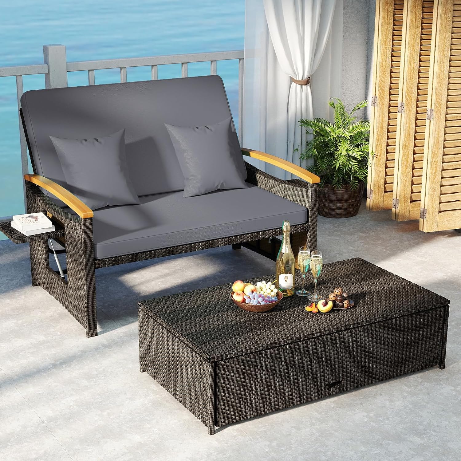 Tangkula Patio Rattan Daybed with 4-Level Adjustable Backrest, Outdoor Wicker Loveseat with Acacia Wood Armrest, Storage Ottoman & Folding Tray, Double Sunbed for Lawn Yard & Poolside, Grey & Brown