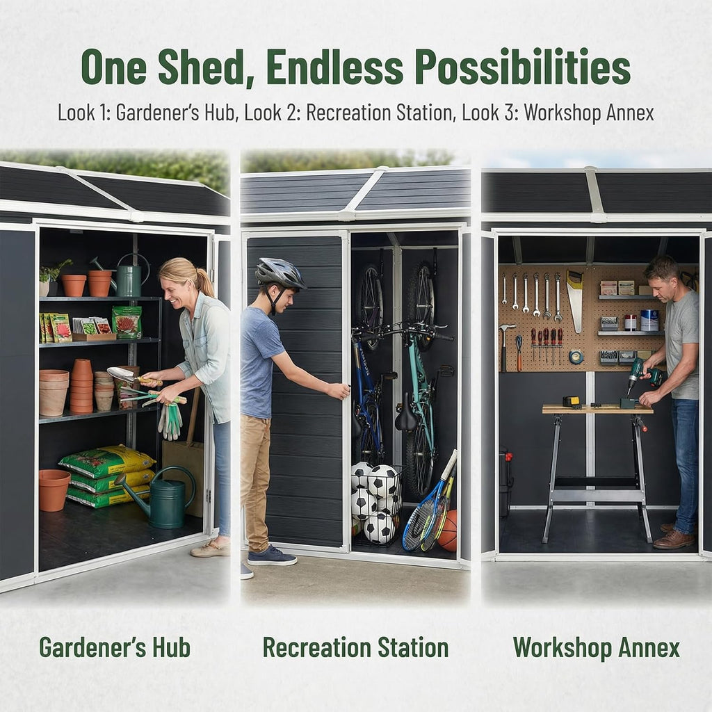 Storage Shed with Floor Included, 8x4FT Resin Storage Shed with Floor 2 Windows and Lockable Door Sheds for Garden Tools, Bike