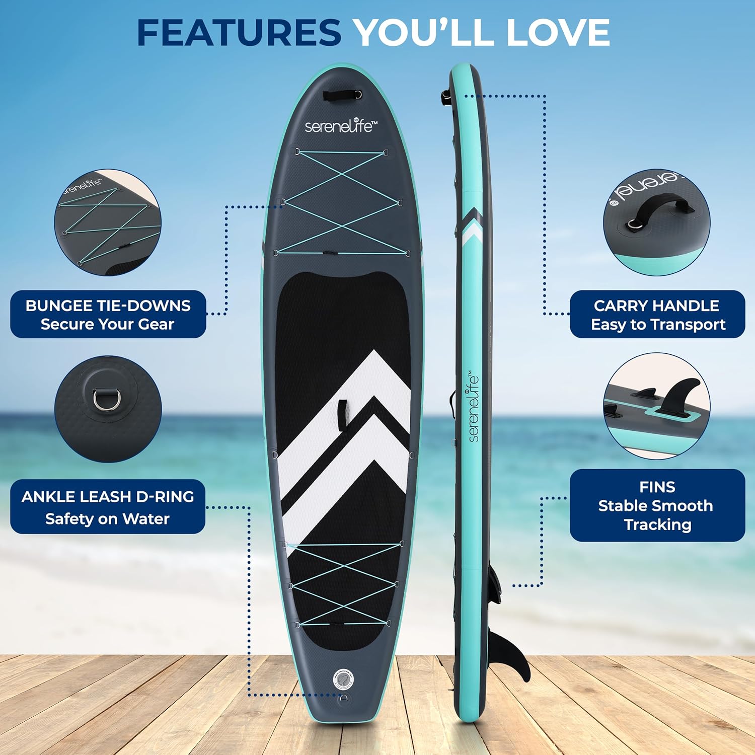 SereneLife Inflatable 10'6' Stand Up Paddle Board with 33' Wide Stable Platform – Non-Slip EVA Deck, 3-Piece Aluminum Paddle, Safety Leash, Removable Fins & Carry Backpack, 350 lbs Capacity