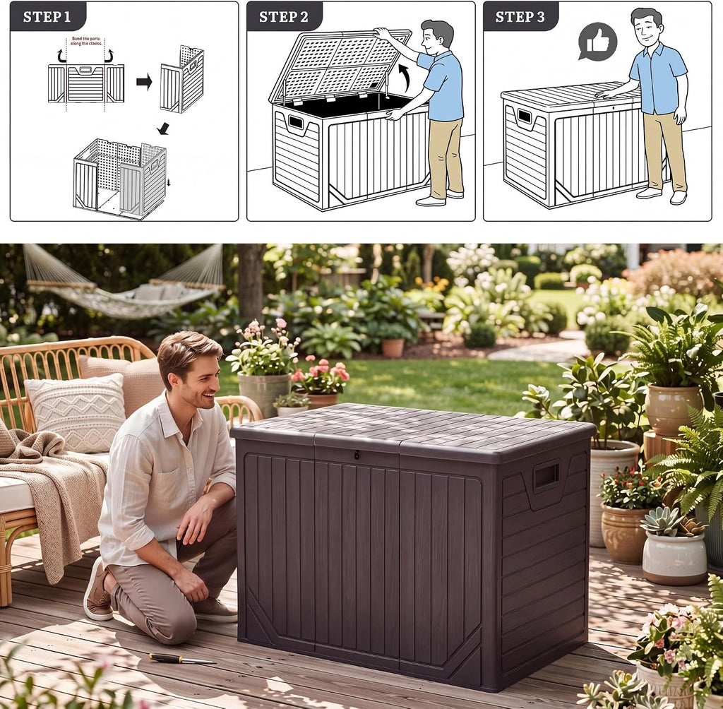 YITAHOME 230 Gallon Extra Large Outdoor Storage Box, Waterproof Double-WallDeck Box with Hydraulic Piston for Garden Tools, Pool Accessories & Cushions, Resin Deck Organizer with Bench Seat(Brown)