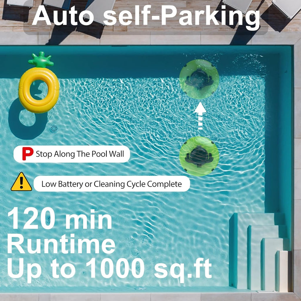 2026 Cordless Robotic Pool Cleaner - 120 Mins Automatic Pool Vacuum for Above Ground Pool & In - Ground Flat Pools up to 1000 Sq.Ft, Robot Pool Cleaner with Self - Parking Tech