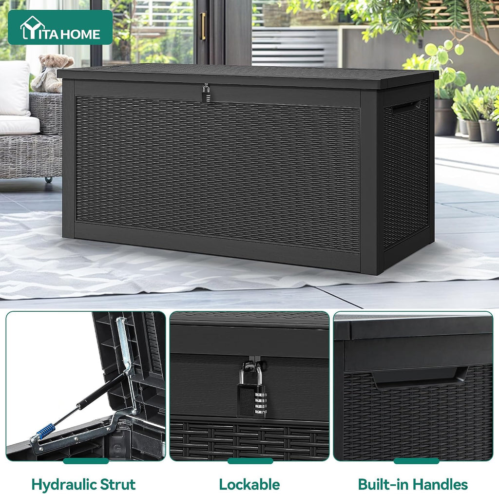 YITAHOME 320 Gallon Outdoor Storage Box, Large Water Resistant Resin Deck Box, Indoor Outdoor Lockable Storage Container for Patio, Garden, Cushions, Tools, Equipment(Black)