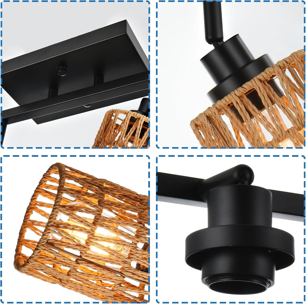 MELUCEE 3 Light Track Lighting Fixtures Ceiling, Black Farmhouse Vanity Lighting Fixtures with Rotatable Light Head for Hallway Porch Foyer Bath Storage, Rattan Lamp Shade