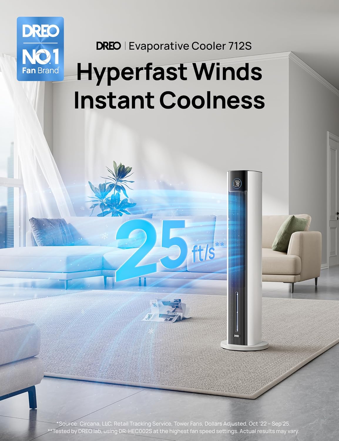 DREO Evaporative Air Swamp Cooler, 43' Cooling Fans that Blow Cold Air 2025 Upgraded, 85° Oscillating Floor Fan for Bedroom, Easy Cleaning, APP Control, Ice Packs, 4 Speeds & 4 Modes, 12H Timer, White