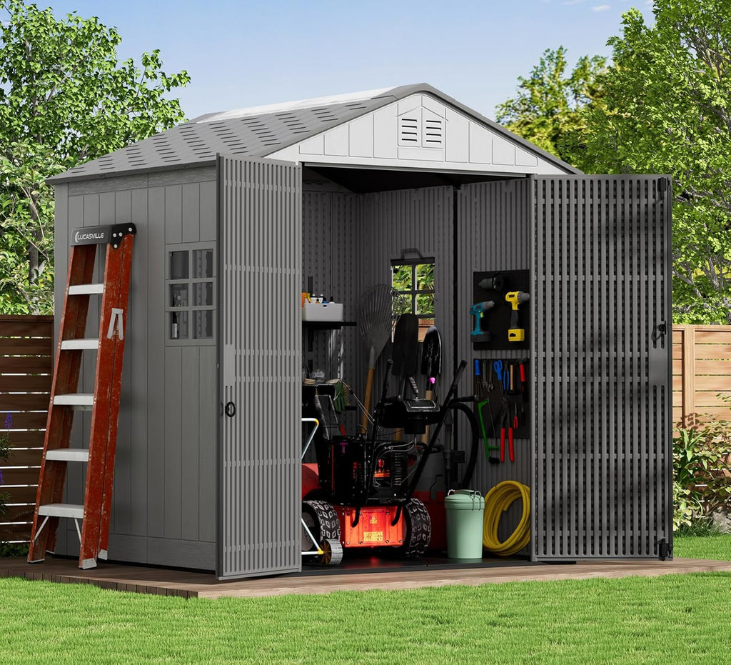 ZZM Outdoor Storage Shed 6x6 Ft, All-Weather Resistant Resin Garden Sheds & Outdoor Storage Clearance with Floor and Windows, Double-Layer Plastic Tool Shed for Backyard, Patio & Lawn (Gray)