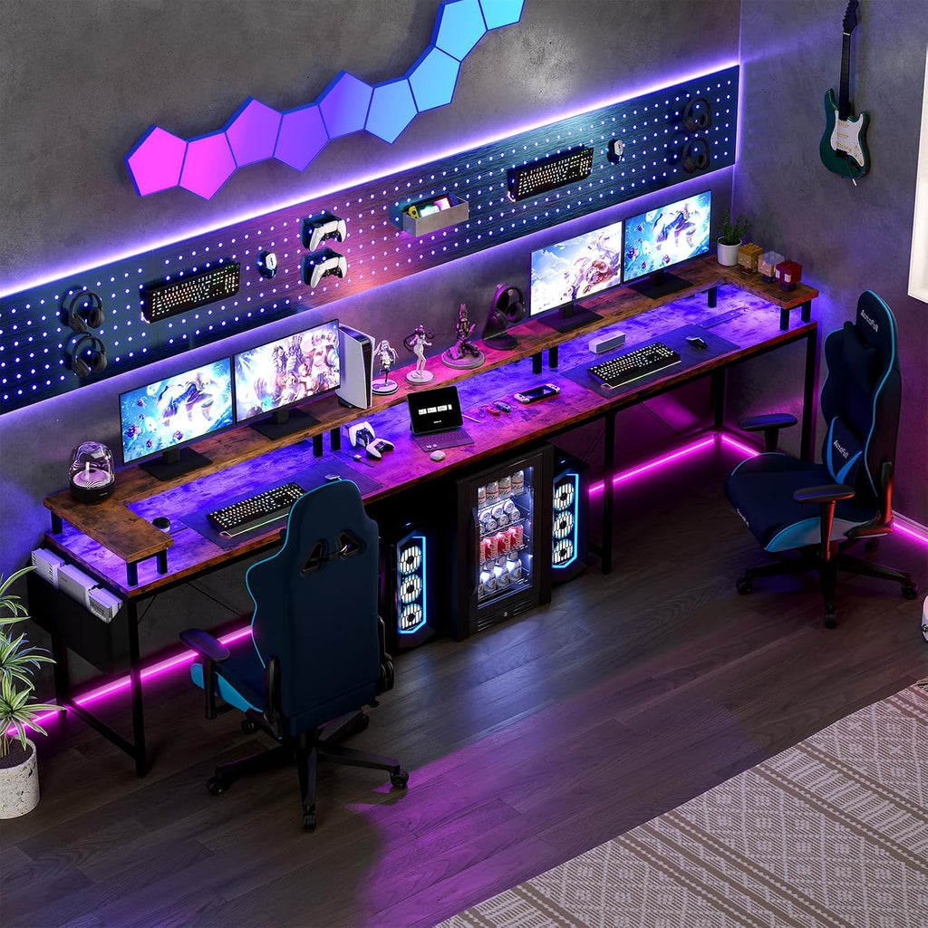 u Shaped Desk with Power Outlets & LED Lights, 79' Extra Large Reversible Corner Office Desk, Monitor Stand & Storage Shelves, Corner Computer Table Office Table with Full Monitor Stand