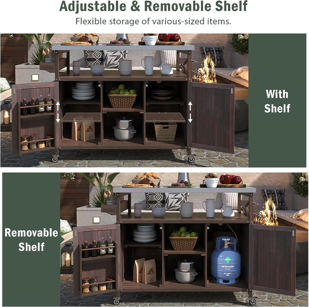 Ball & Cast Outdoor Kitchen Island,Rolling Bar Cart & Storage Cabinet,Farmhouse Solid Wood Outdoor Grill Table with Stainless Steel Top,Spice and Towel Rack,for Kitchen,Barbecue,Dark Brown,50.25'