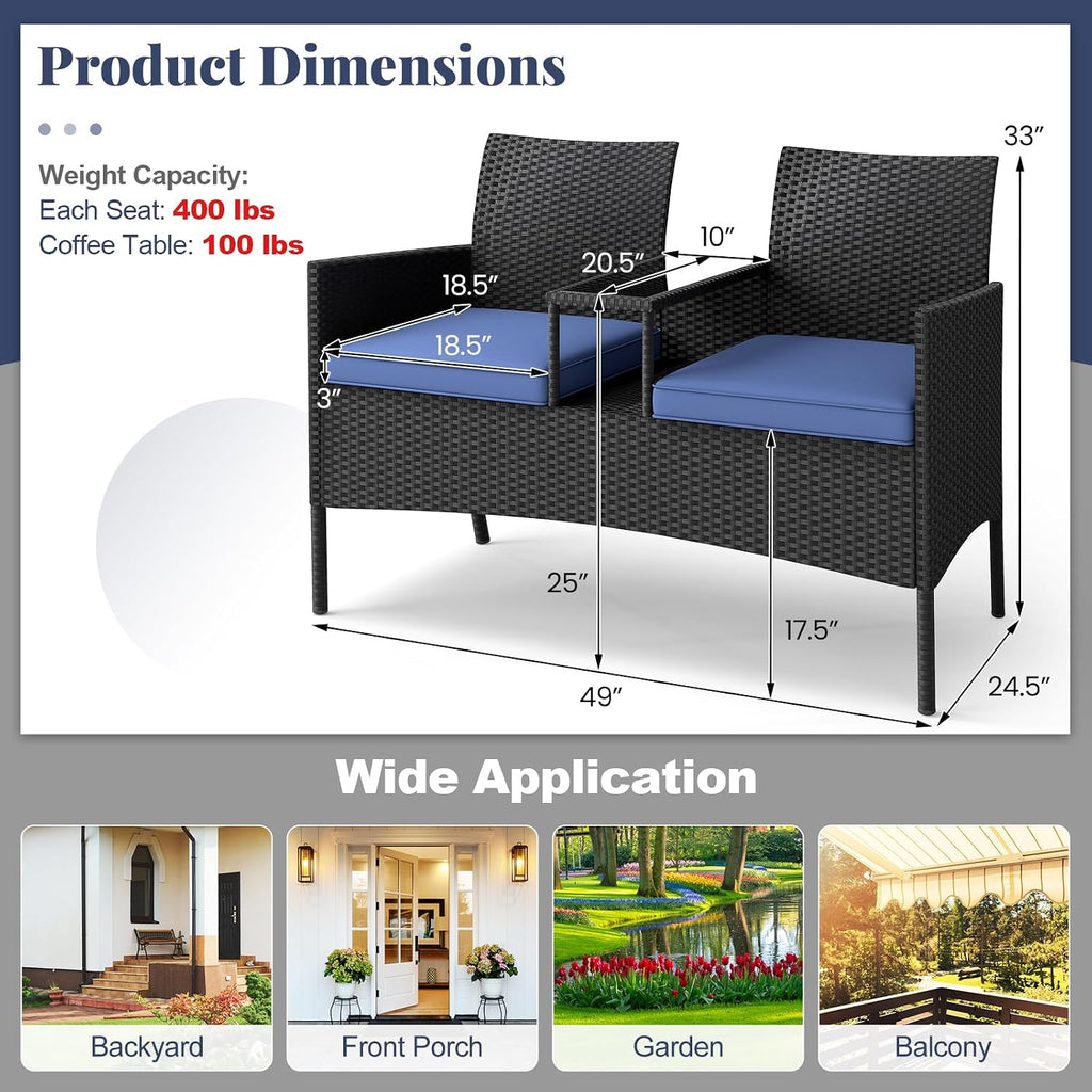 Tangkula Patio Loveseat with Built-in Table, Wicker 2-Seat Furniture with Soft Cushions & Tempered Glass Tabletop, Metal Frame Outdoor Conversation Seating Bench for Backyard, Porch