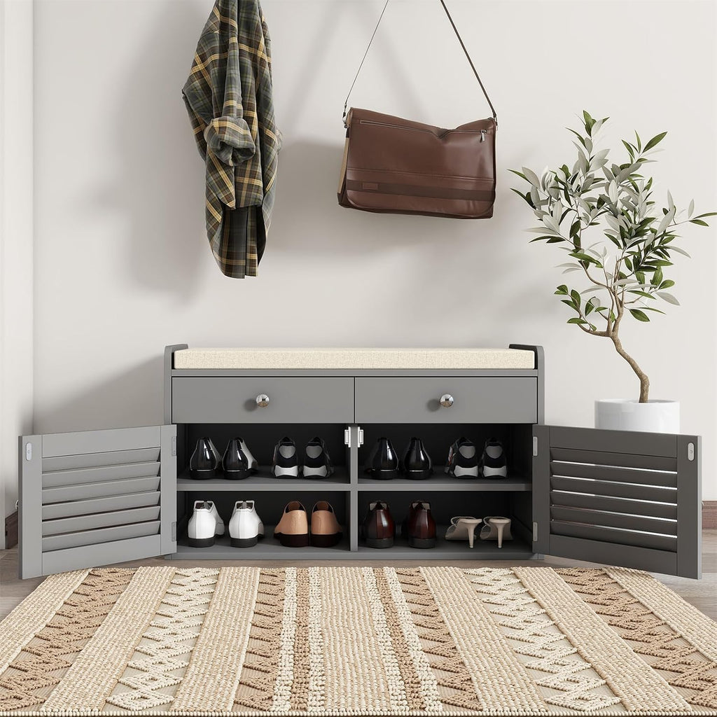 WARMHONIU Shoe Storage Bench with 2 Drawers, Entryway Bench with Cushion, Adjustable Shelves, Shoe Rack Bench with Louvered Doors for Entryway, Bedroom, Hallway, White