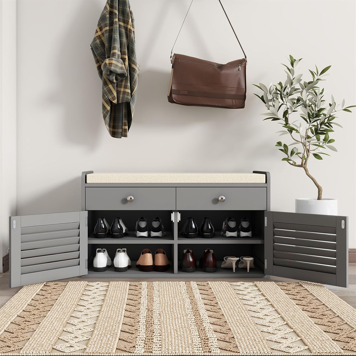 WARMHONIU Shoe Storage Bench with 2 Drawers, Entryway Bench with Cushion, Adjustable Shelves, Shoe Rack Bench with Louvered Doors for Entryway, Bedroom, Hallway, White