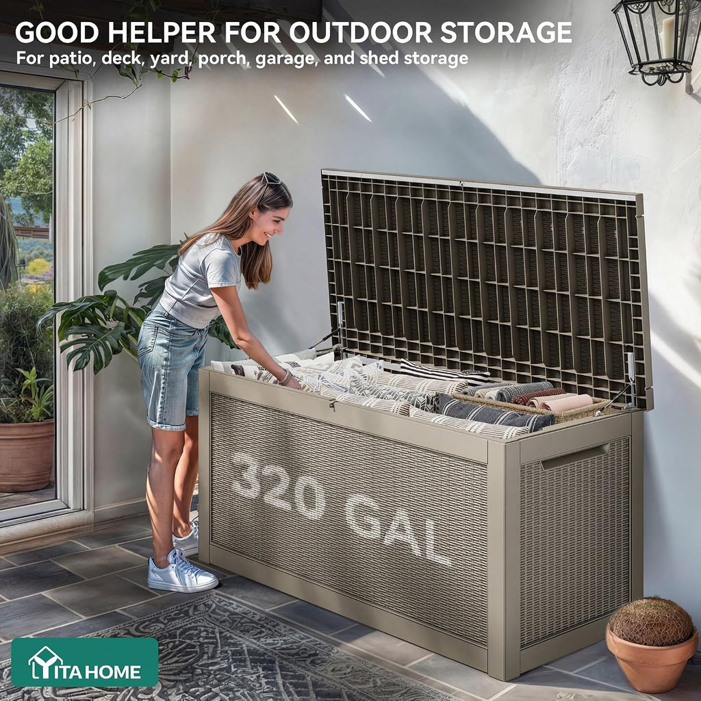 YITAHOME 320 Gallon Outdoor Storage Box, Large Water Resistant Resin Deck Box, Indoor Outdoor Lockable Storage Container for Patio, Garden, Cushions, Tools, Equipment(Brown)