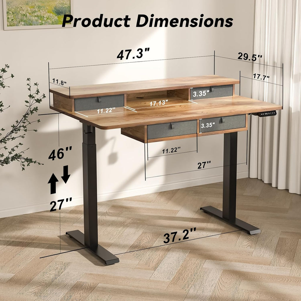 FiCiHi Adjustable Height Standing Desk with 4 Drawers,48 x 30 inches Electric Sit Stand Home Office Desk with Two Tiers, 3 Memory Presets, Monitor Stand Riser, USB A/C Charging Port