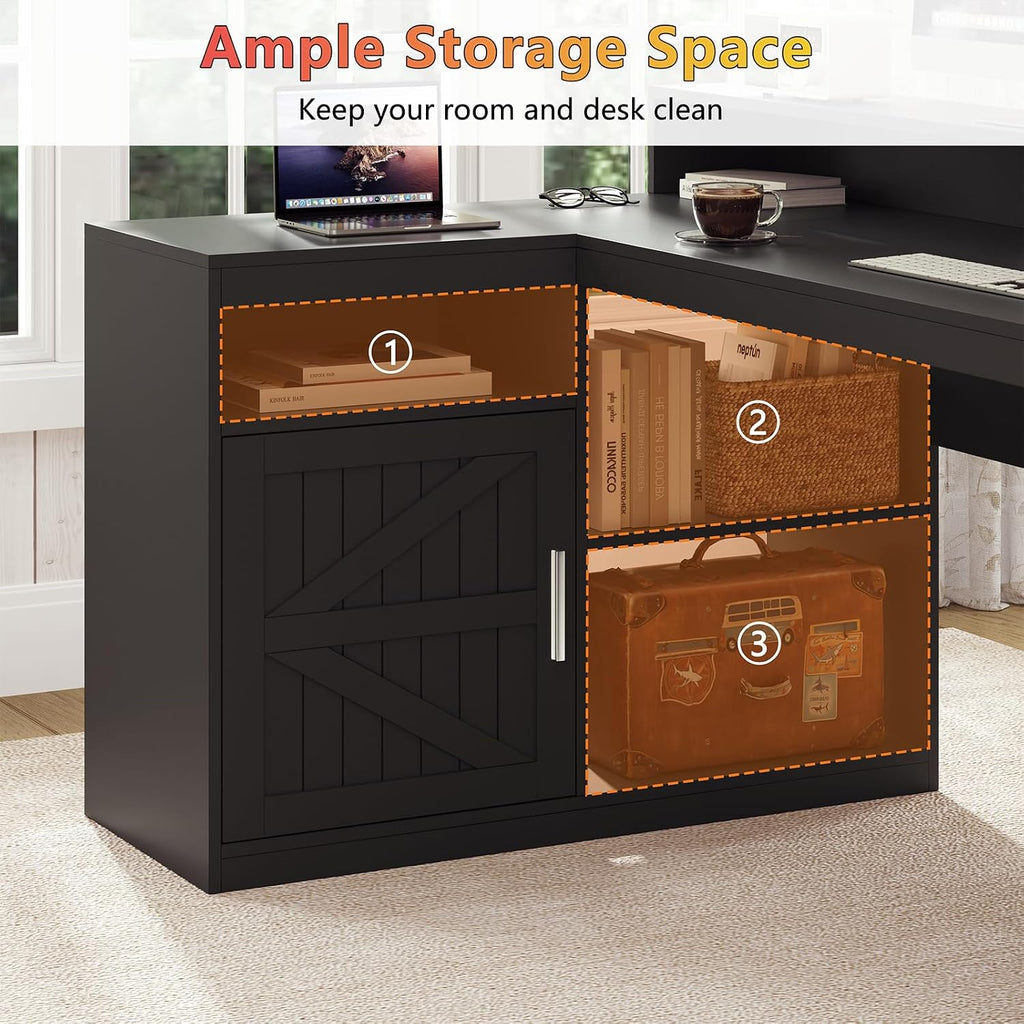 TVU Farmhouse L Shaped Desk with Drawers, 62.2' Home Office Desk with Storage Shelves and Power Outlet, L Shaped Computer Desk with Monitor Stand and Printer Shelf, Black