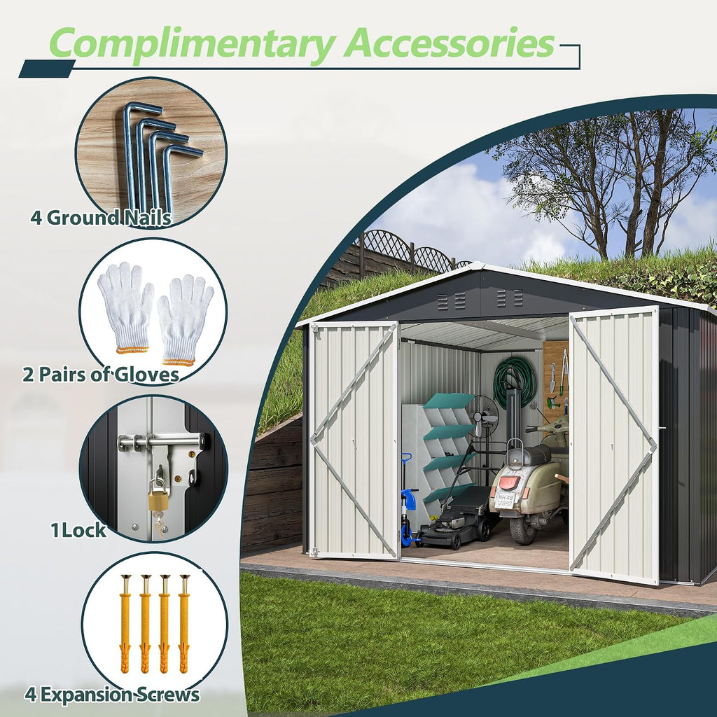 YOPTO 10 x 10 FT Outdoor Storage Shed,Heavy Duty Tool Sheds Metal Storage Garden Shed with Sloped Roof and Lockable Doors,Large Metal Storage Sheds for Backyard Patio Lawn, Black