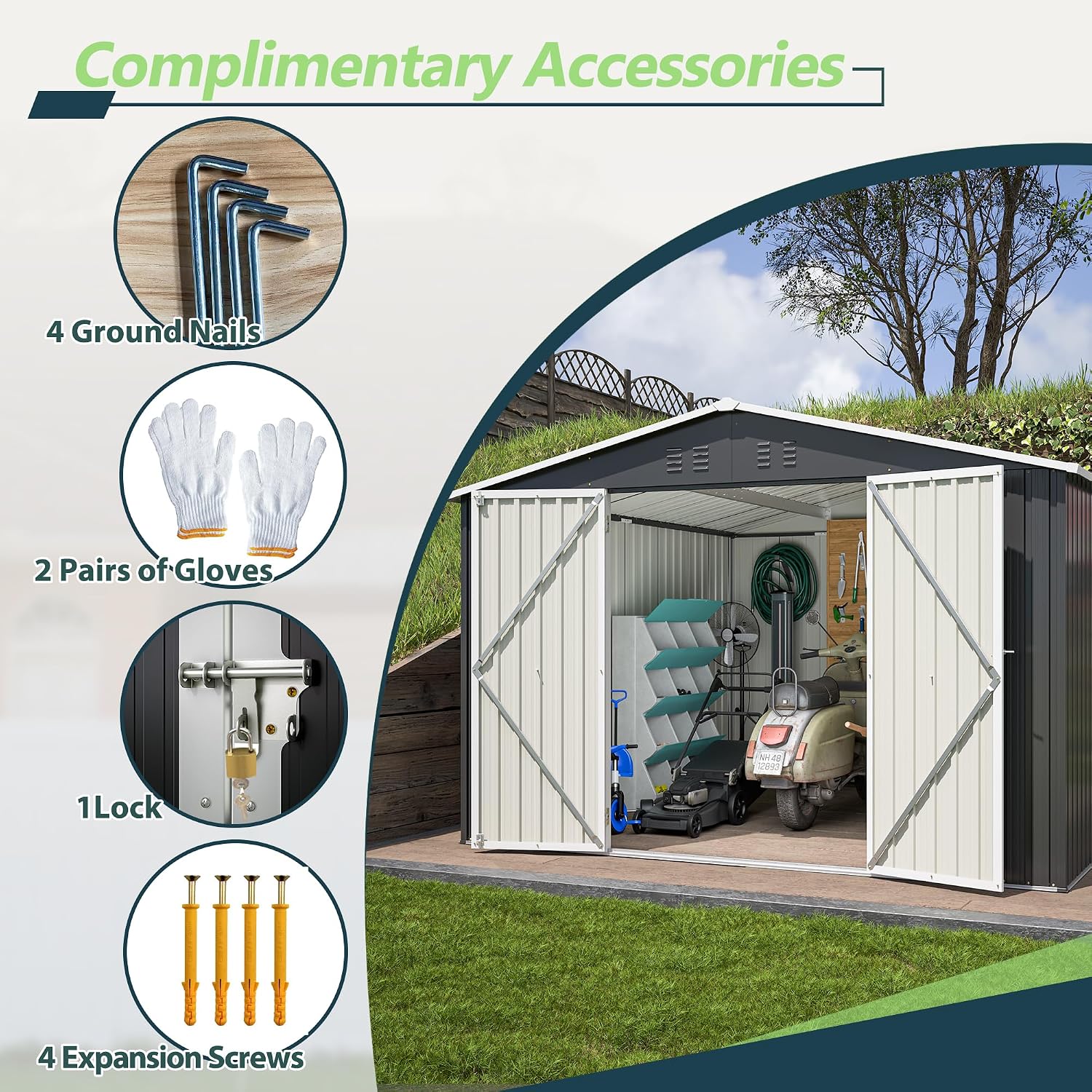YOPTO 10 x 10 FT Outdoor Storage Shed,Heavy Duty Tool Sheds Metal Storage Garden Shed with Sloped Roof and Lockable Doors,Large Metal Storage Sheds for Backyard Patio Lawn, Black
