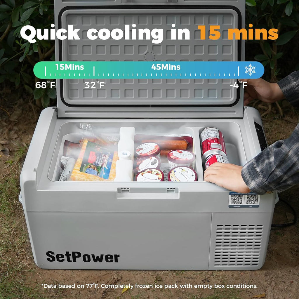 Setpower Car Refrigerator with Cover 50 Hours Backup Cooling 27 Quart 12 volt Fridge Portable Car Freezer 12V Coolers for Vehicles Electric Cooler for Car (RF25 Grey)