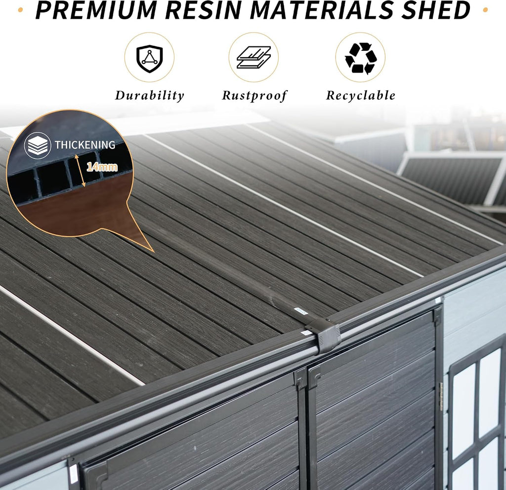 8x4FT Resin Storage Shed with Floor, Storage Shed with Floor Included, 2 Windows and Lockable Door Sheds for Garden Tools, Bike