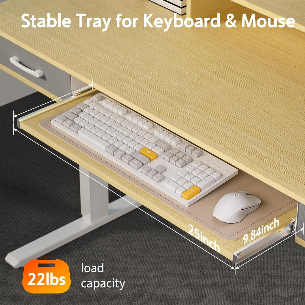 WALKINGDESK 55 Inches Electric Standing Desk with Keyboard Tray, Height Adjustable Sit to Stand Table with 2 Drawers, Ergonomic Home Office Desk with Storage Shelf, Computer Table, Oak