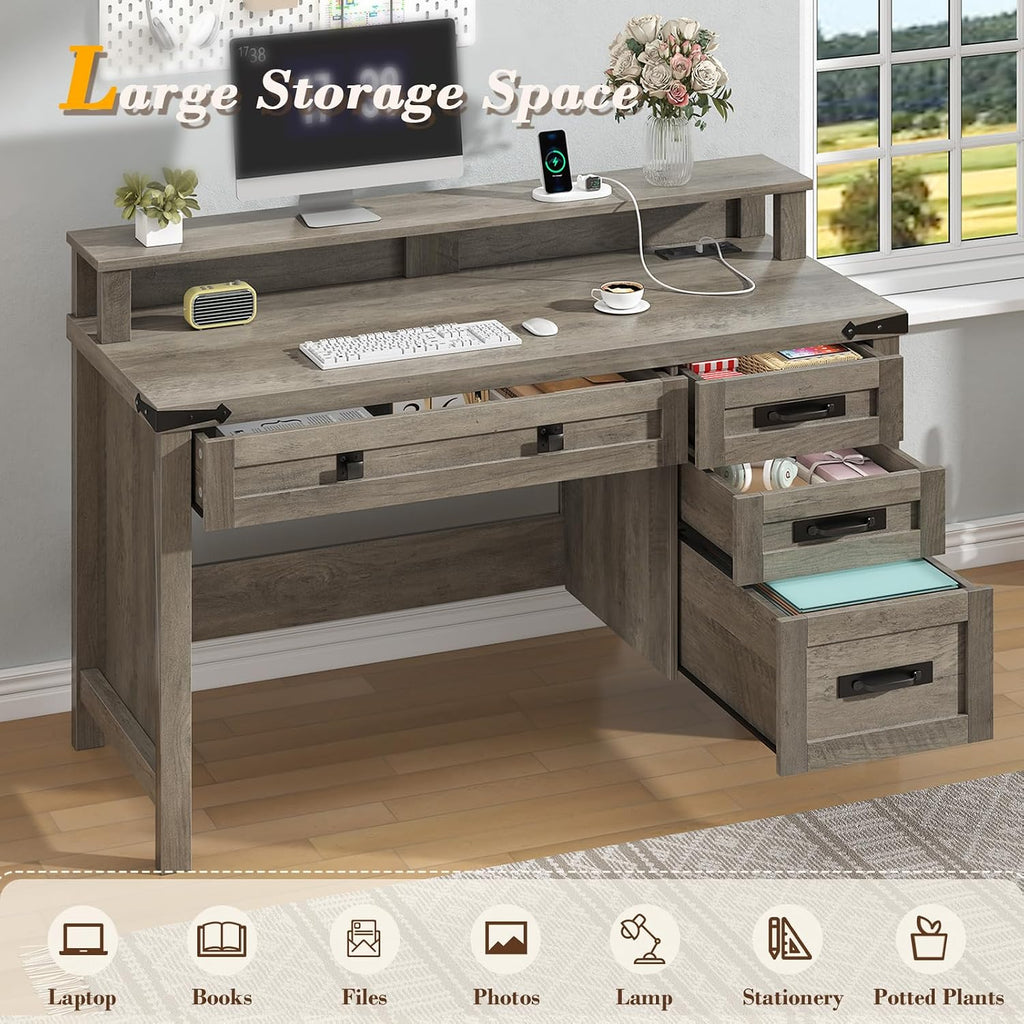 YOMILUVE Farmhouse Computer Desk with Drawers, 47' Small Computer Desk with Power Outlets, Home Office Desk with Monitor Stand & 4 Drawers, Writing Study Table, Grey