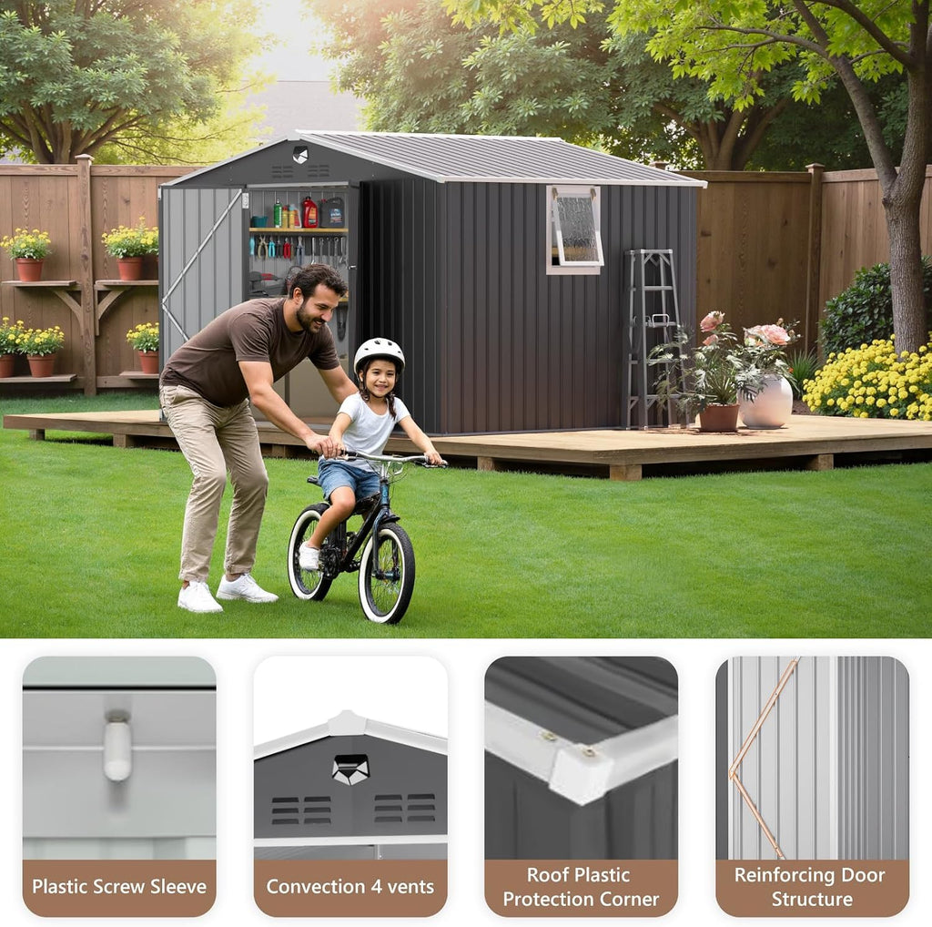 10x8 FT Outdoor Storage Shed, Metal Garden Shed - Tool Storage Sheds with Lockable Doors & 1 Vented Clear Window, Waterproof Outside Storage Building for Backyard, Patio (Black; Floor Not Included)