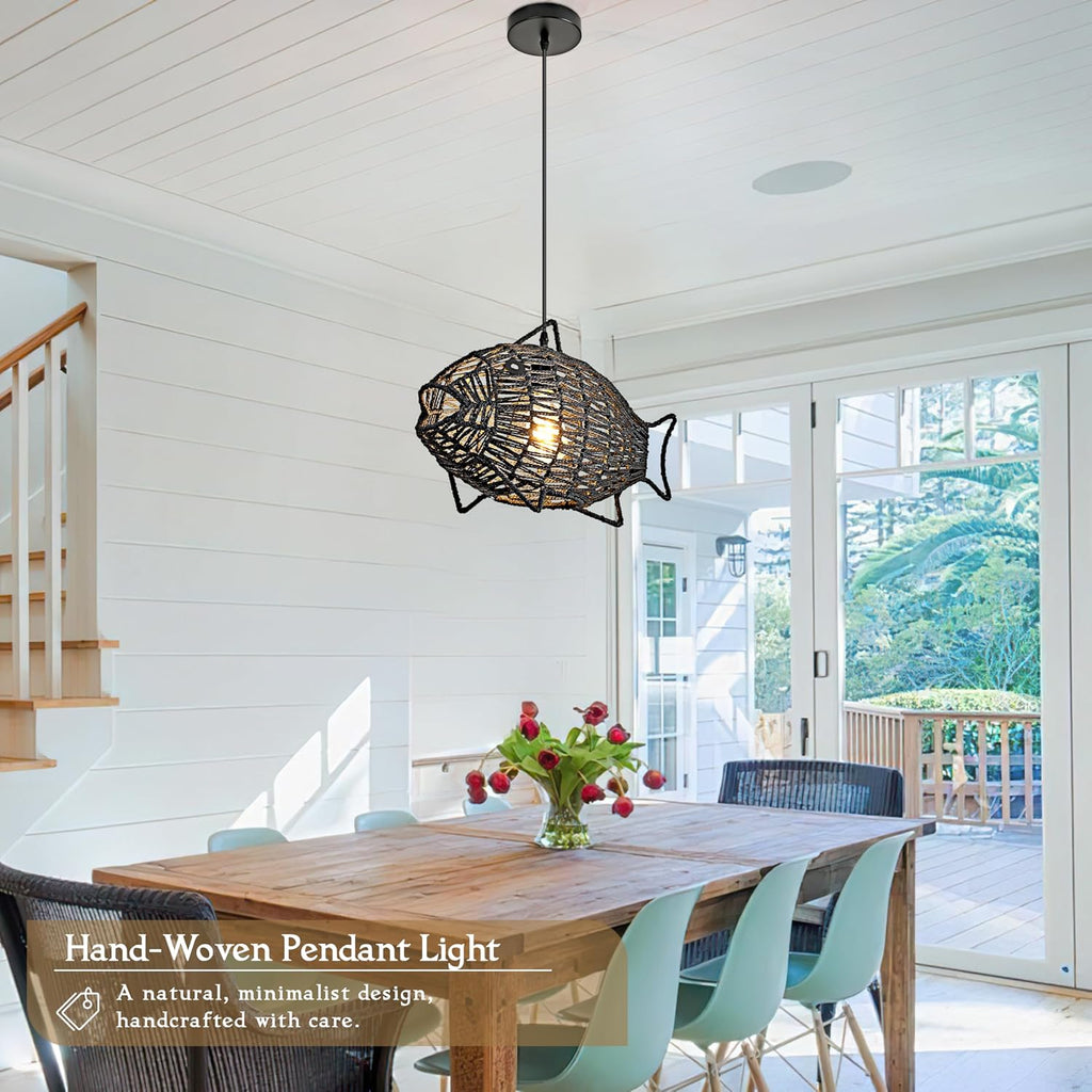 19 Inch Black Rattan Pendant Lights Boho Light Fixture Fish-Shaped Wicker Pendant Light Woven Pendant Light Hemp Rope Light for Dining Room Living Room Bedroom Kitchen Foyer(Bulb Included)