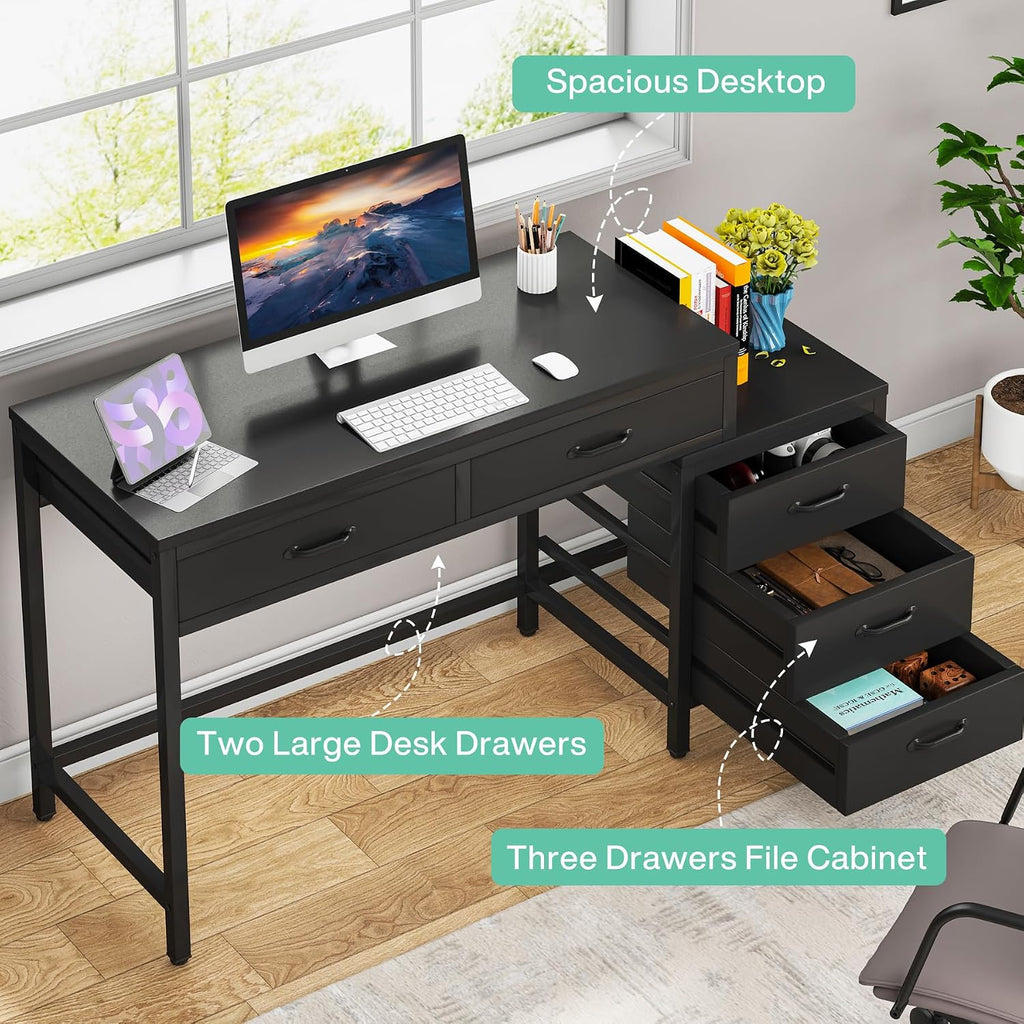 Tribesigns Computer Desk with 5 Drawers, Home Office Desks with Reversible Drawer Cabinet Printer Stand, Industrial PC Desk with Storage, Rustic Study Writing Table Workstation for Small Spaces, Black