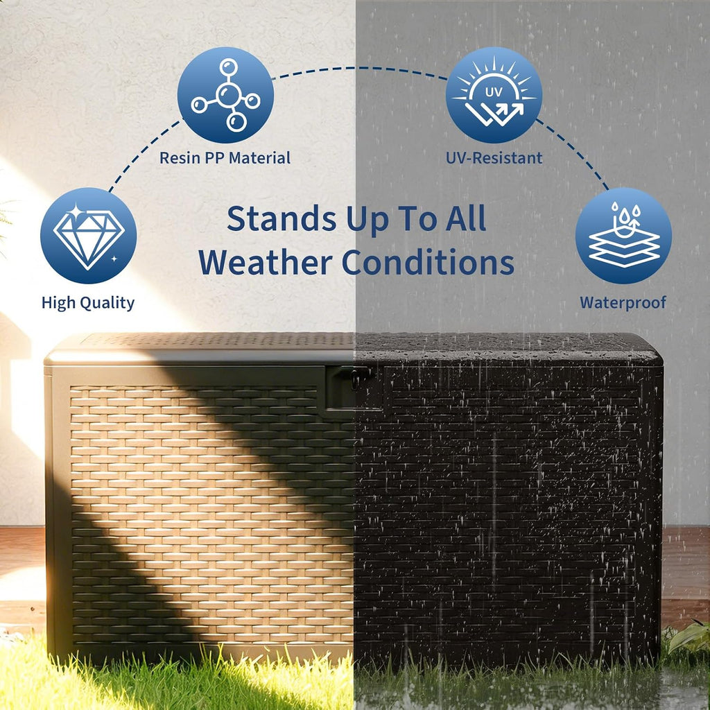 Garvee 99 Gallon Waterproof Large Resin Deck Box Indoor Outdoor, Lockable Storage Container for Patio Furniture Tools, Waterproof Deck Box Patio Storage Bin for Pool Garden, Brown