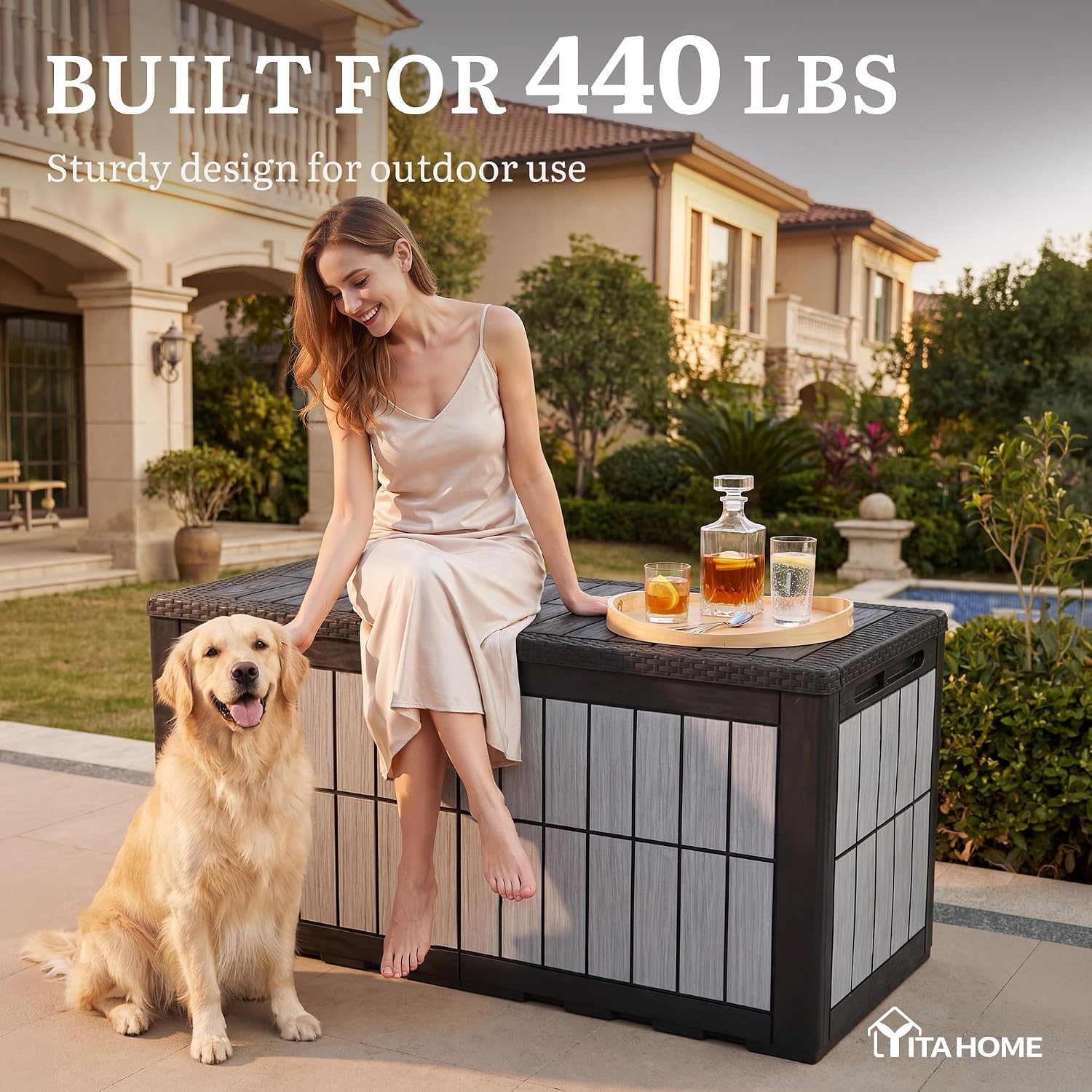 YITAHOME 134 Gallon Large Deck Box, Waterproof Resin Outdoor Storage Box with Lock, Doubles as Bench Seating for Patio Furniture Cushions,Garden Tools & Pool Accessories, Black & Wood-Grain Gray