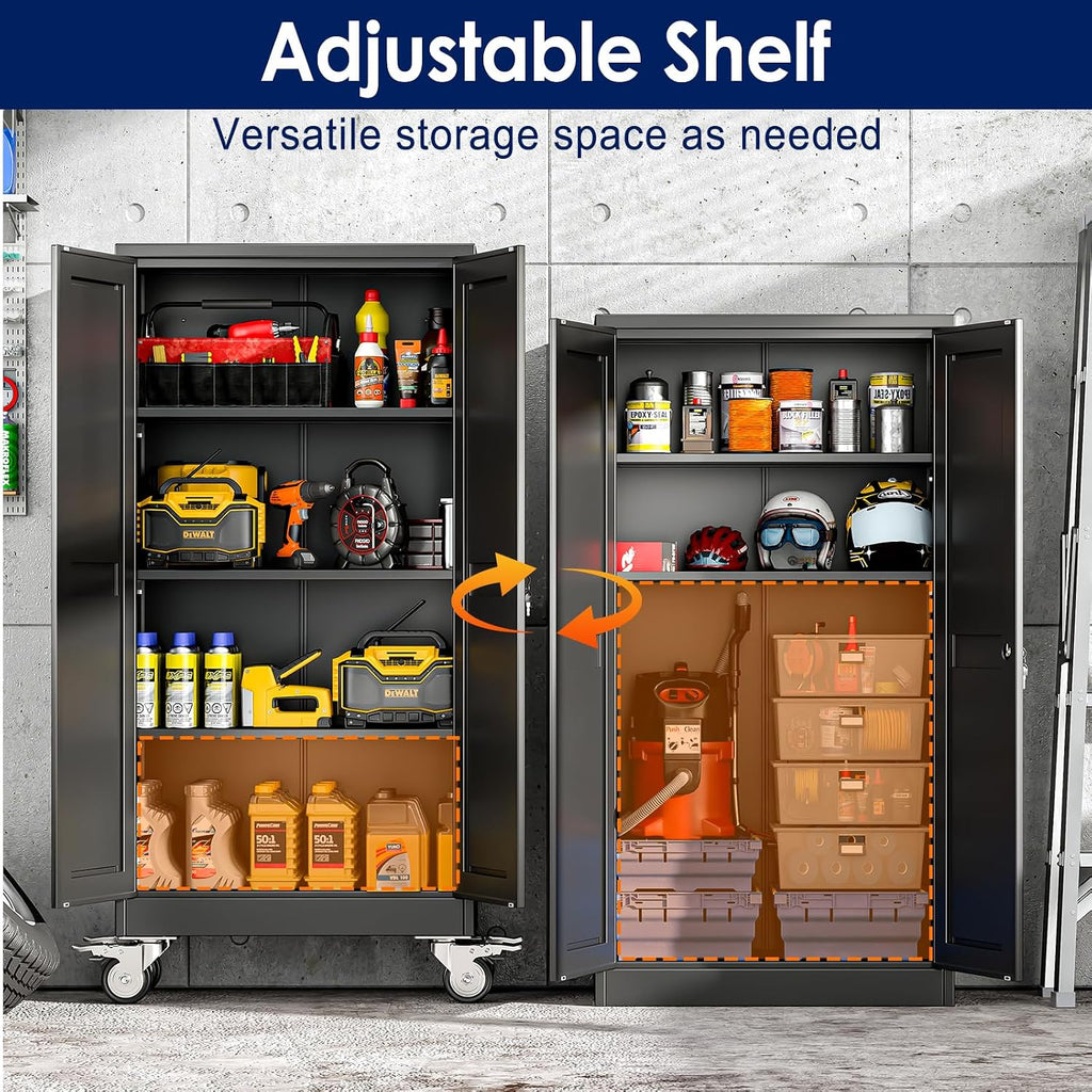 erosoei 61' H Metal Garage Storage Cabinet, Rolling Tool Cabinet with 2 Doors and Wheels, Locker Steel Cabinet with 3 Adjustable Shelves, Organization Cabinet for Garage,Office,Home,Gym,School（Black）