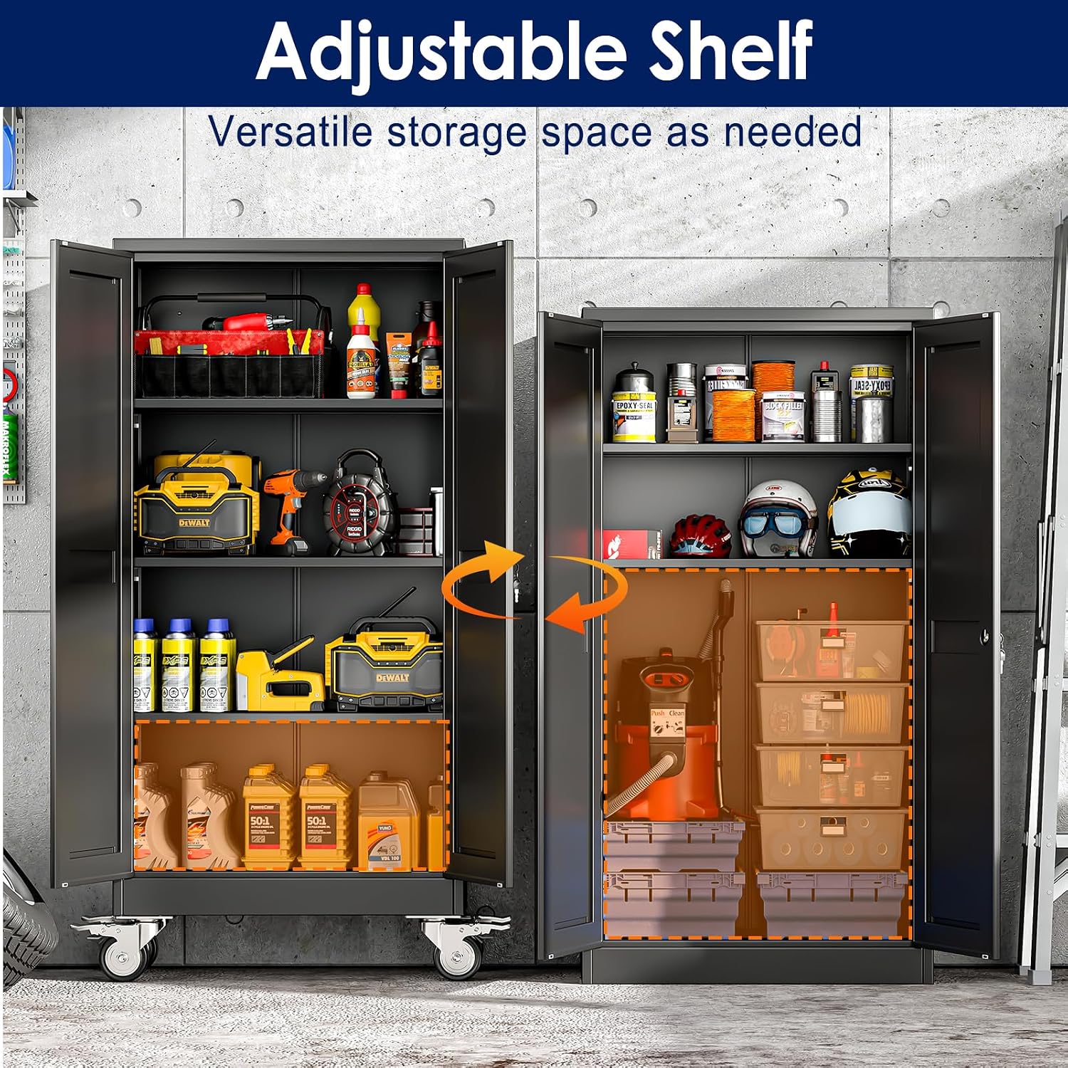 erosoei 61' H Metal Garage Storage Cabinet, Rolling Tool Cabinet with 2 Doors and Wheels, Locker Steel Cabinet with 3 Adjustable Shelves, Organization Cabinet for Garage,Office,Home,Gym,School（Black）