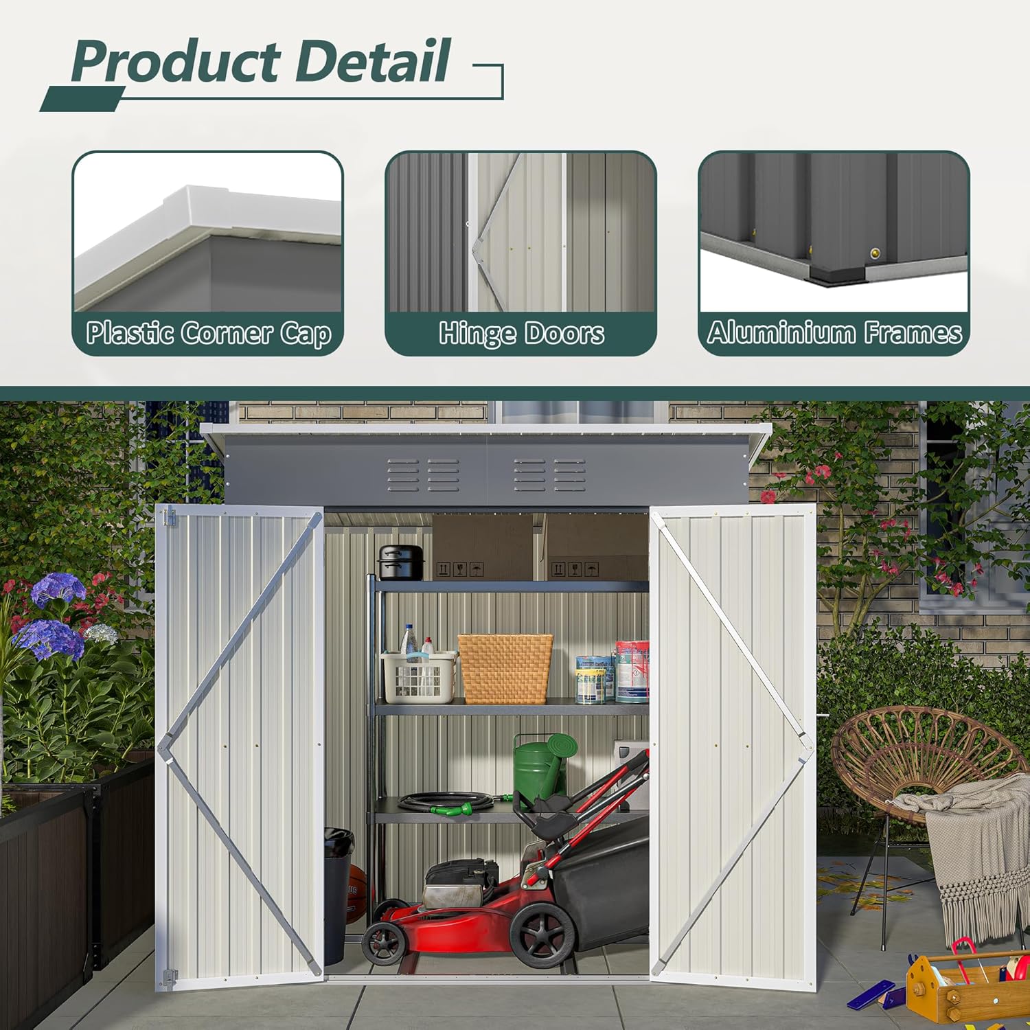 6X4 FT Outdoor Storage Shed, Waterproof Metal Garden Sheds with Lockable Door, Steel Tool Storage Buildings Shed & Outdoor Storage House for Garden, Backyard, Patio, Lawn, Trash Cans(Grey)