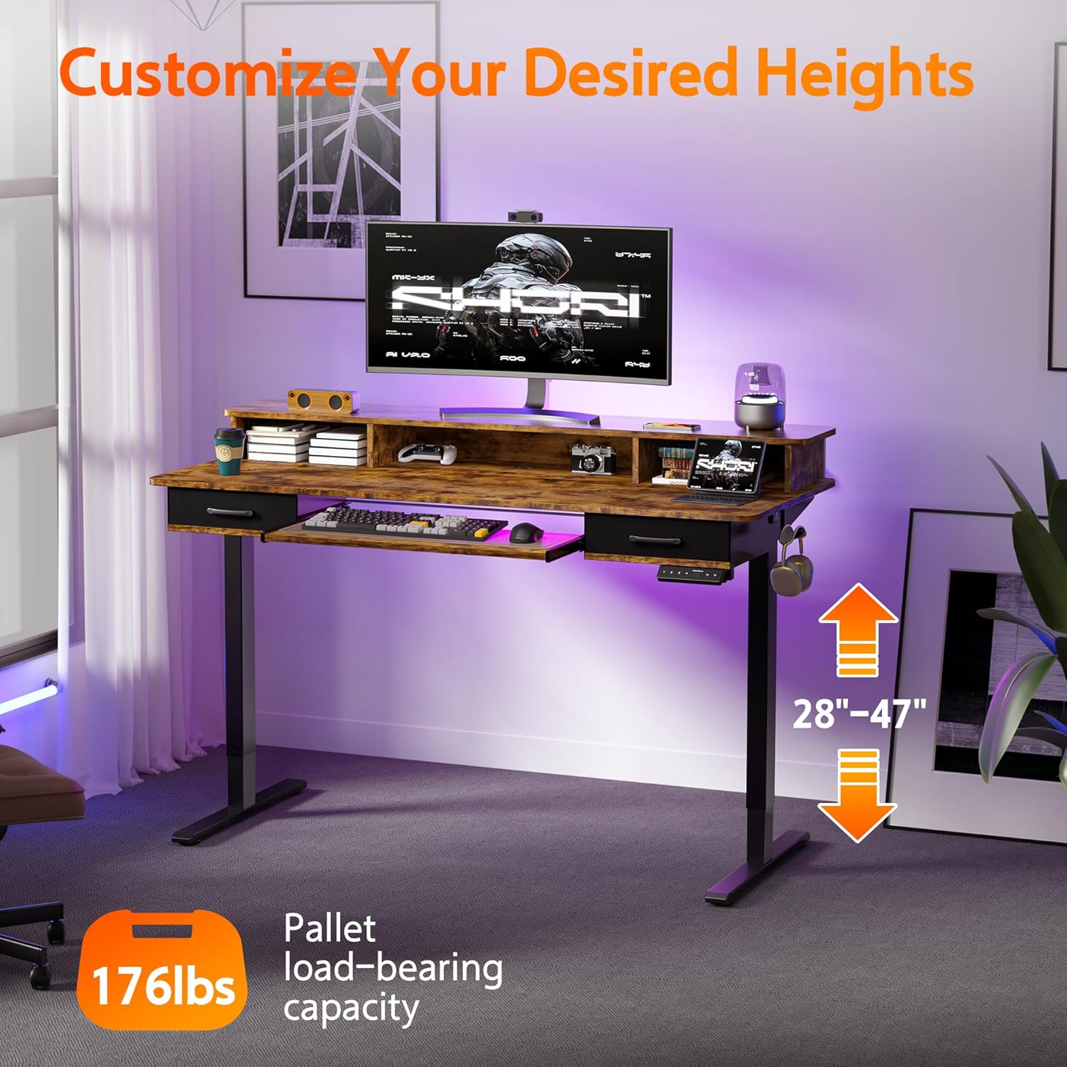 WALKINGDESK 55x24 Inches Electric Standing Desk with Keyboard Tray, Height Adjustable Stand up Desk with 2 Drawers, Ergonomic Sit to Stand Desk with Storage Monitor Stand, Computer Table, Rustic Brown