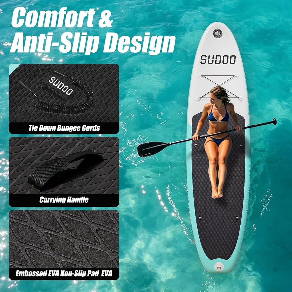 SUDOO Inflatable Stand Up Paddle Board 10'/ 10'6' SUP with 450LB Weight Capacity Adjustable Paddle Wide Stable Non Slip EVA Deck Complete Accessories for Adults Beginners Youth Outdoor Water Sports
