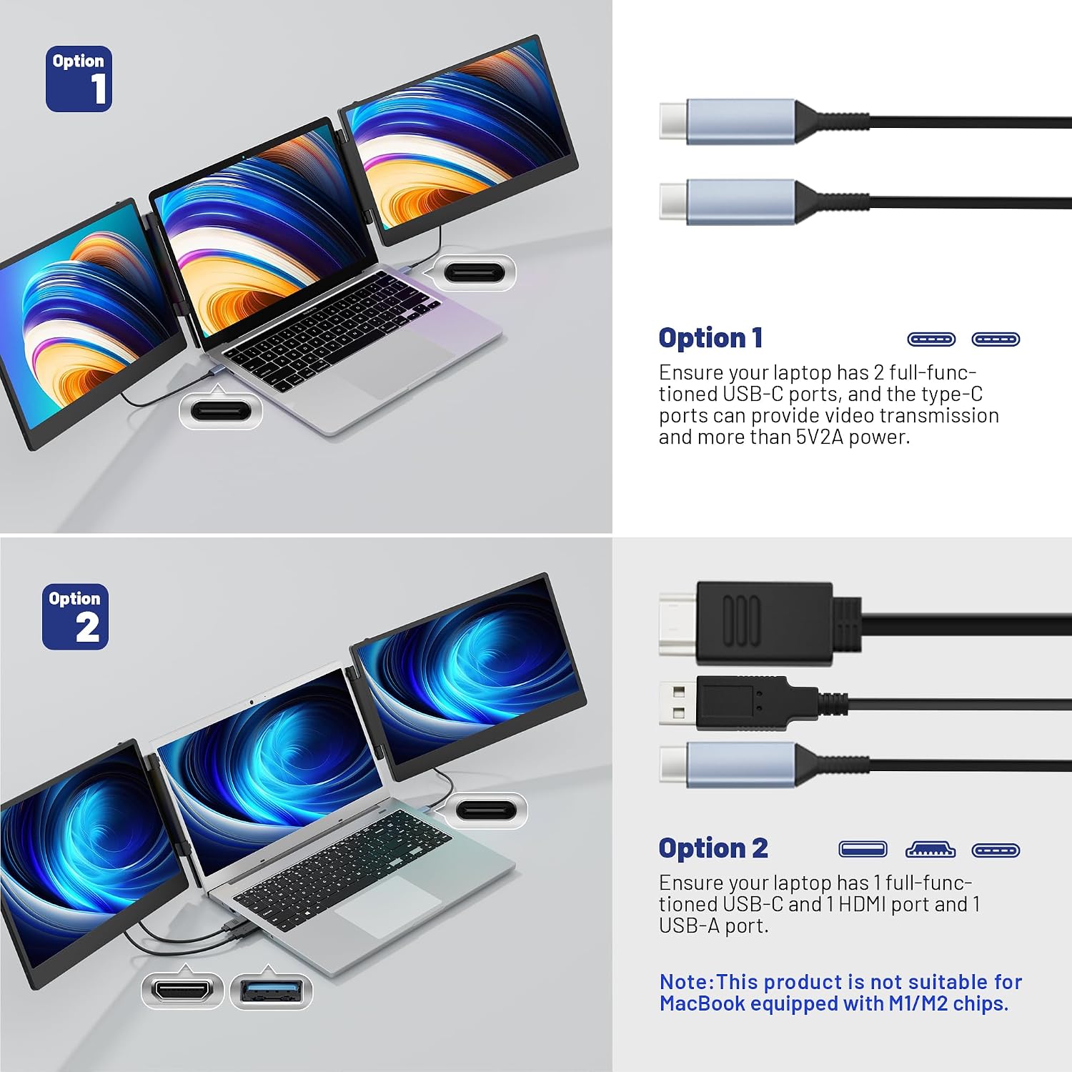 domyfan 14' Laptop Screen Extender, S3 FHD 1080P IPS Triple Portable Monitor Laptop, HDMI/USB-A/Type-C Compatible with Windows/Mac/Android