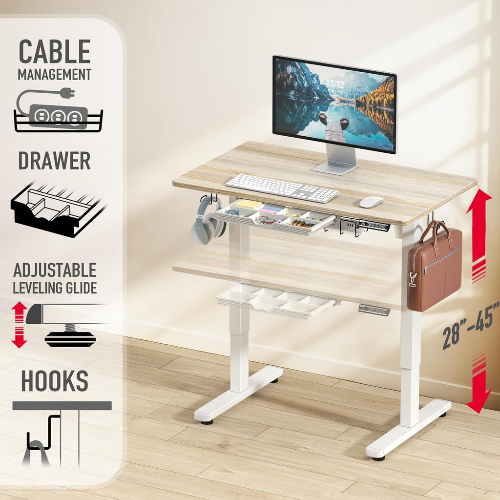 SHW 40-Inch Electric Height Adjustable Standing Desk with Drawer, Memory Preset and Cable Management Tray, Maple