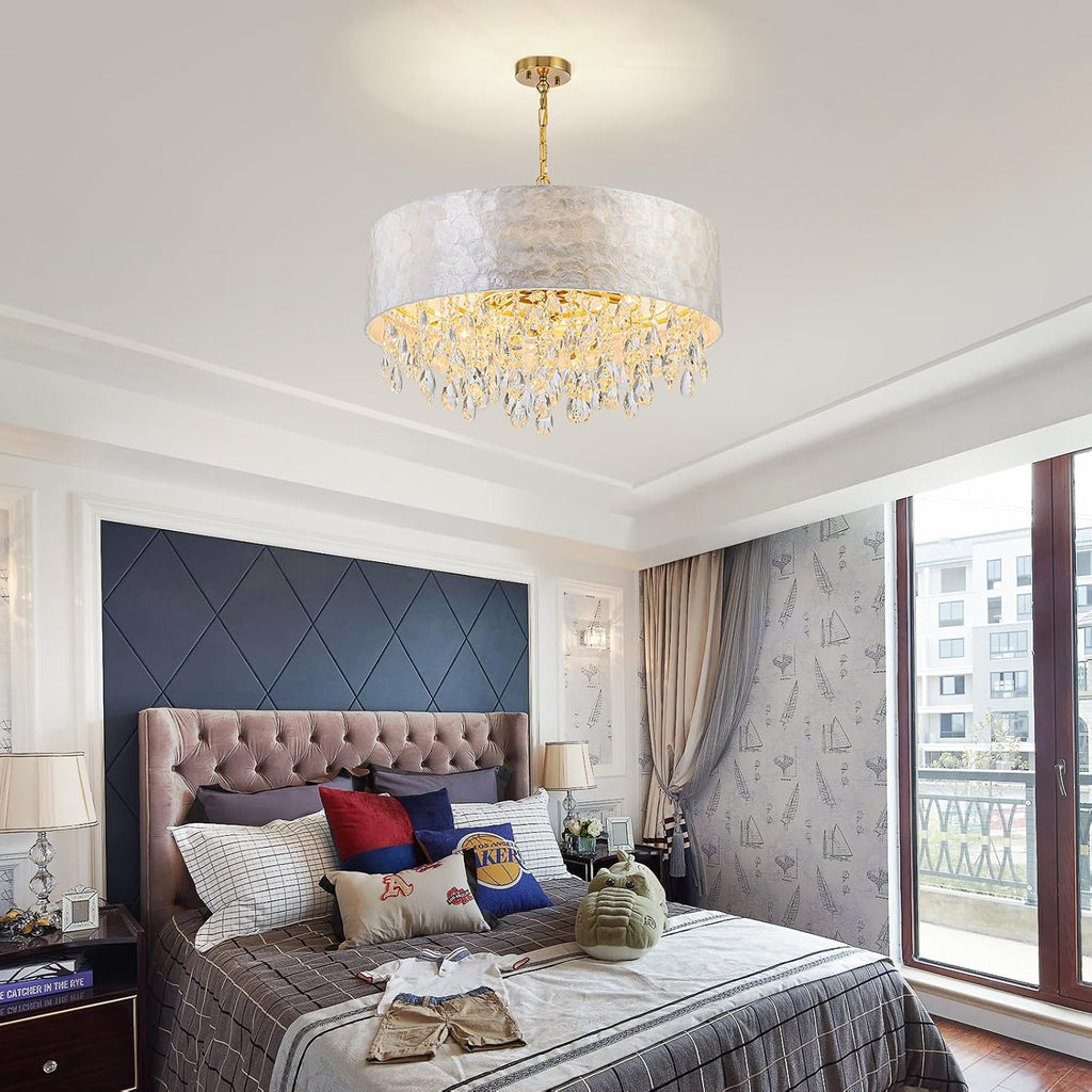 LumFurn 8-Light Drum Capiz Shell Crystal Chandeliers, Coastal Style Pendant Light Fixture for Dining Room, Living Room, D24 x H23~71 inch(Adjustable), Shell Lampshade & Gold Finish