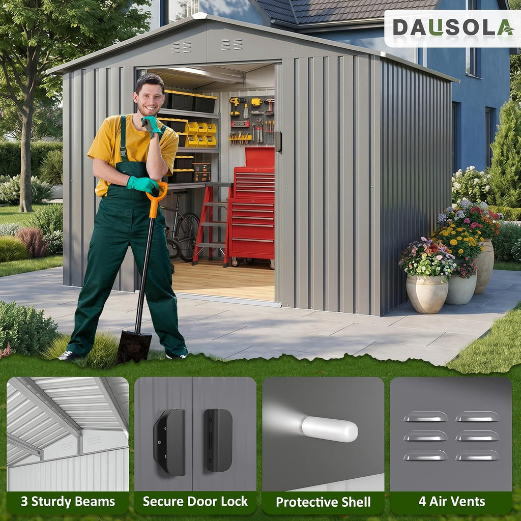 DAUSOLA 8x6 FT Outdoor Storage Shed, Metal Garden Tool Shed with Updated Frame Structure and Lockable Doors, Ideal for Backyard Garden Patio Lawn, Grey