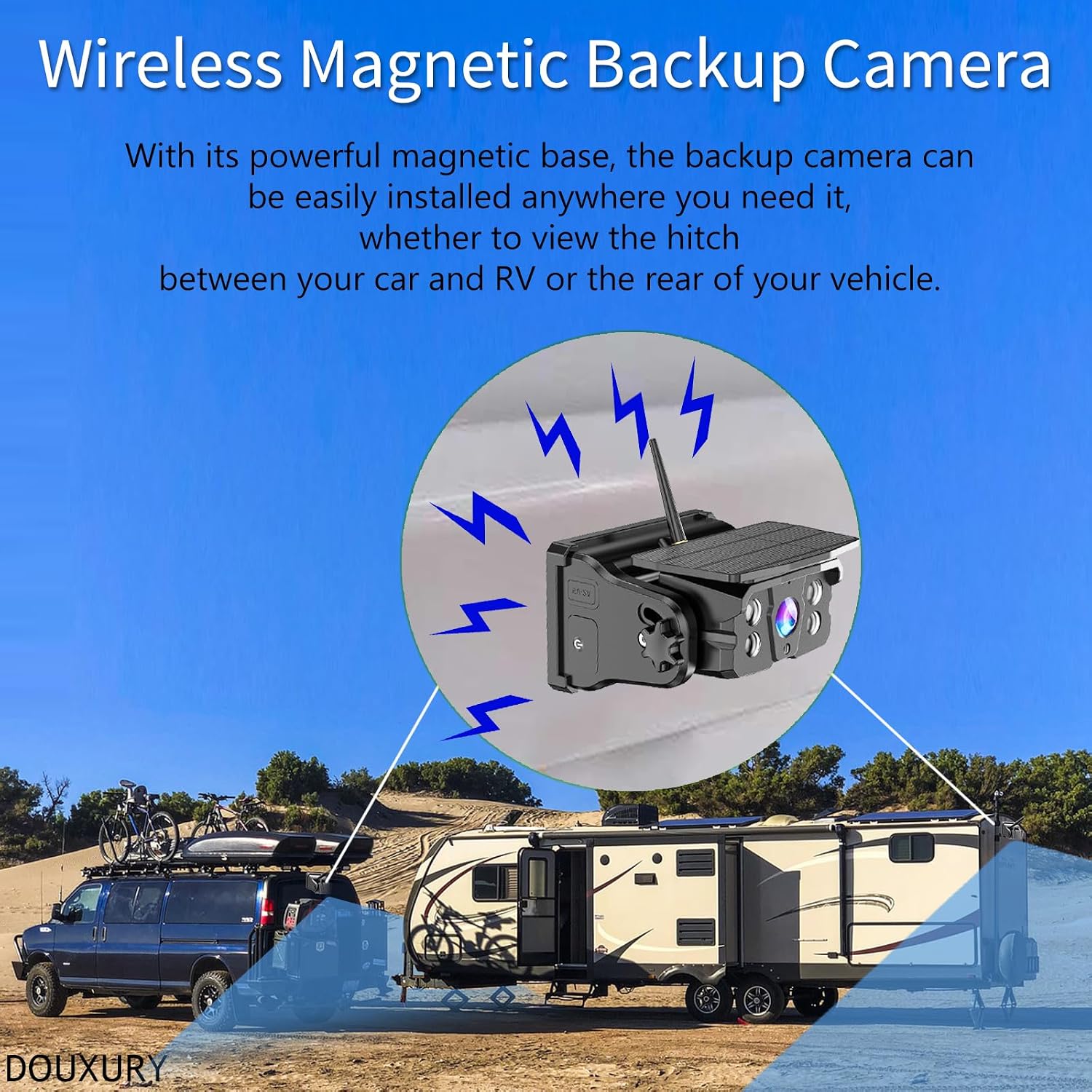 Wireless Backup Camera Solar Magnetic for RV Car Trailer Truck Camper 5th Wheels Hitch Towing No Wiring No Drilling Rechargeable Night Vision Portable Backup Camera with 5' 1080P HD 2-Split Monitor