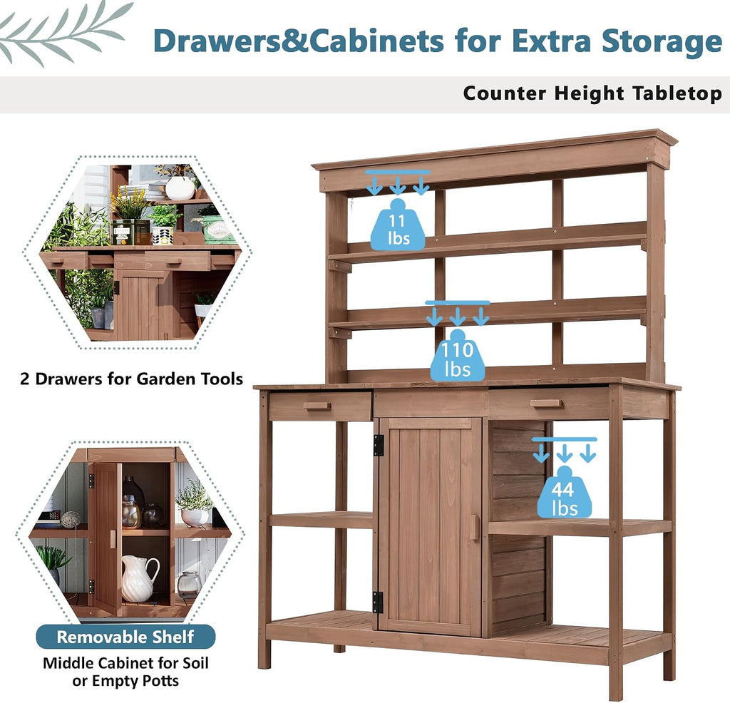 66' Large Outdoor Farmhouse Wooden Potting Bench Table, Garden Workstation with 2 Drawers, Cabinet and Open Shelves for Backyard, Mudroom, Brown