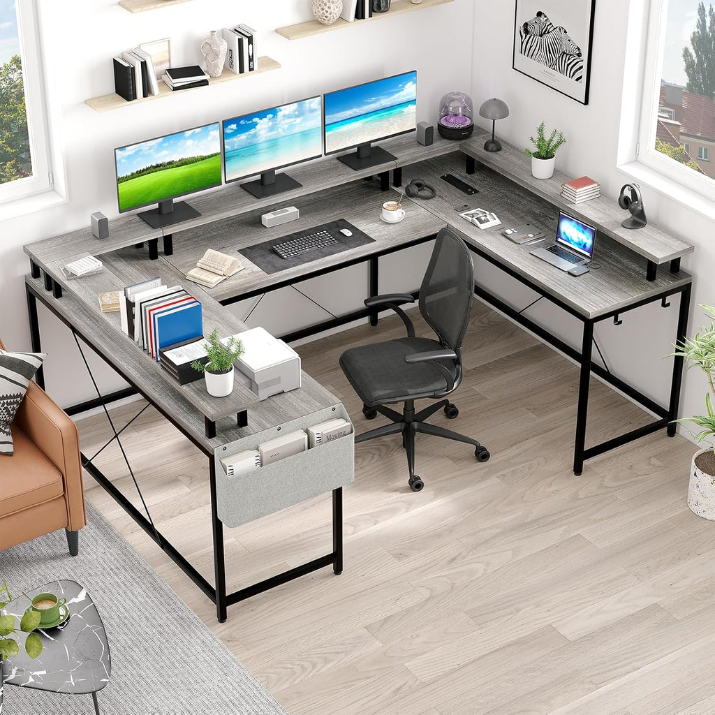 79 Inch u Shaped Desk with Power Outlets, LED Strip & Monitor Stand, Large Corner Computer Desk with Monitor Stand & with Storage Shelves for Home Office