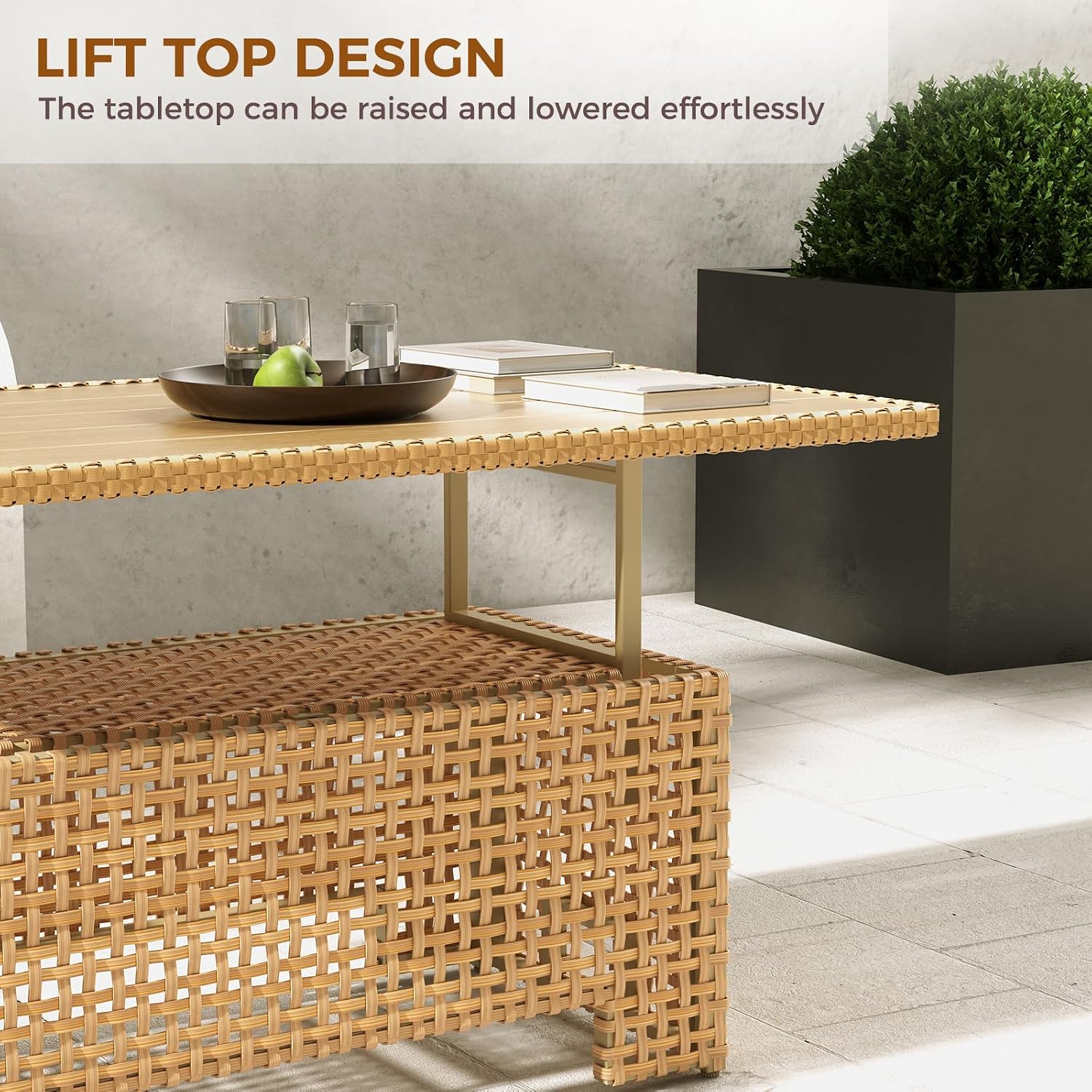 Grand patio Outdoor & Indoor Coffee Dining Table -Wicker Rattan, Adjustable Slat Lift Top, Picnic, Storage Shelf - Beige