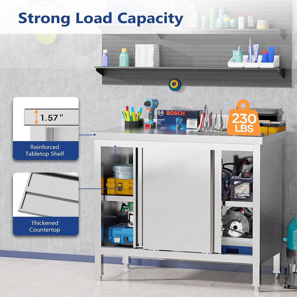 ROVSUN Commercial Heavy Duty Stainless Steel Prep Work Table with Backsplash & 2 Sliding Doors, Large Space Storage Cabinet, 39' x 19' Metal Table for Kitchen, Restaurant