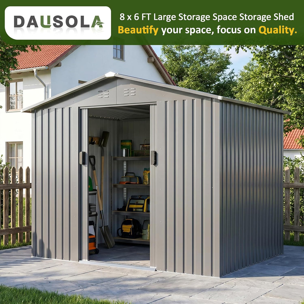 DAUSOLA 8x6 FT Outdoor Storage Shed, Metal Garden Tool Shed with Updated Frame Structure and Lockable Doors, Ideal for Backyard Garden Patio Lawn, Grey