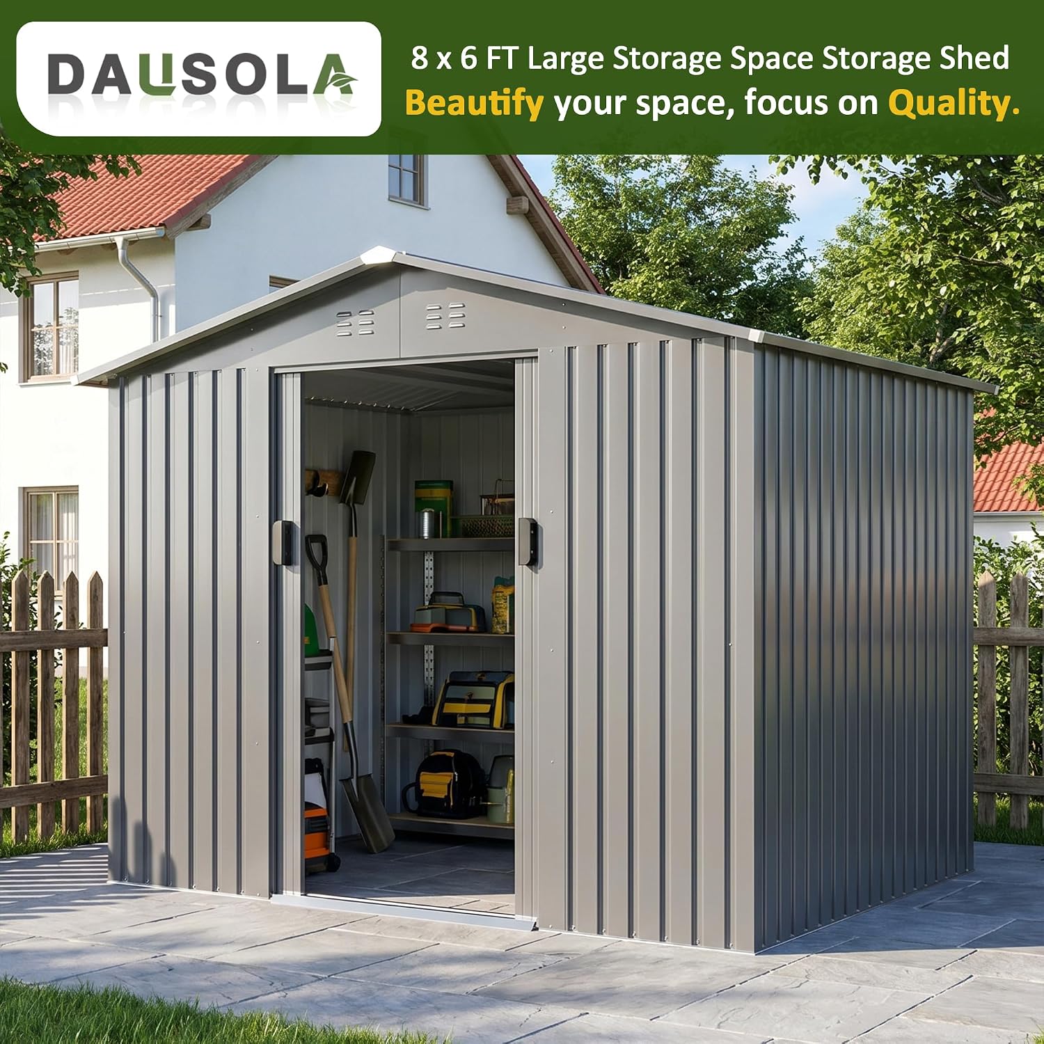 DAUSOLA 8x6 FT Outdoor Storage Shed, Metal Garden Tool Shed with Updated Frame Structure and Lockable Doors, Ideal for Backyard Garden Patio Lawn, Grey