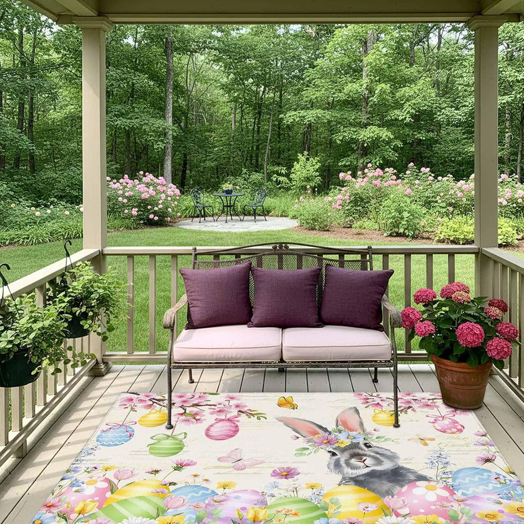 Easter Grey Bunny Outdoor Rug for Patio/Deck/Porch, Non-Slip Large Area Rug 4 x 6 Ft, Spring Vintage Colorful Eggs Flower Indoor Outdoor Rugs Washable Area Rugs, Reversible Camping Rug Carpet Runner