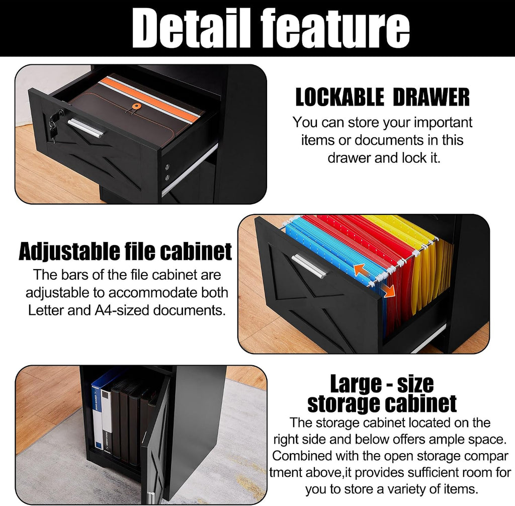 60' L Shaped Executive Desk with Printer Space,Corner Computer Desk with Power Outlets,Lockable Drawers & Adjustable File Cabnet,L Shaped Office Desk with Monitor Stand (Black)